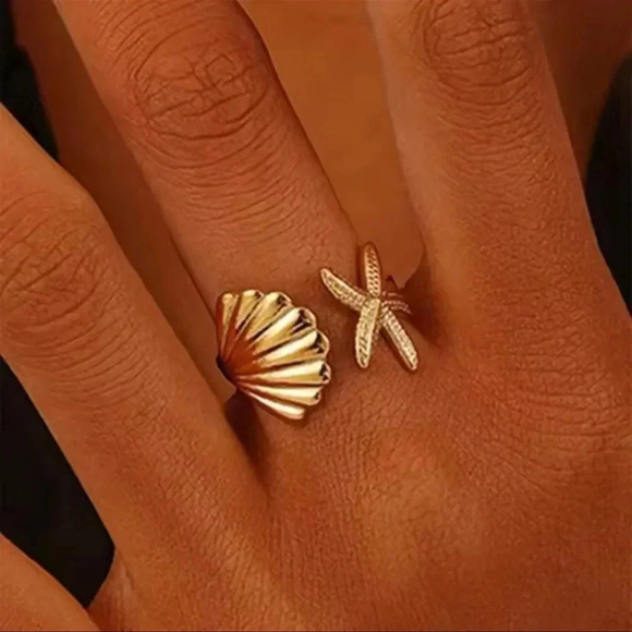 Seashell Starfish 18K Gold Stainless Steel Waterproof Adjustable Ring - Picture 12 of 17